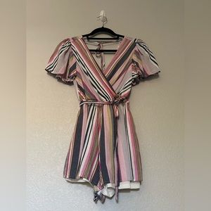 Three Pink Hearts Colorful Striped Romper